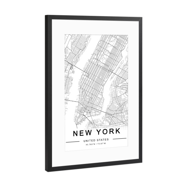 Poster mit Rahmen Schwarz (Metallic) "New York, Manhattan Map" artboxONE - Städte / New York,Typografie,Reise,Schwarzweiß,Reise / Länder,Kartografie