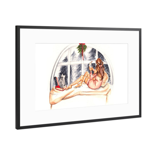 Poster mit Rahmen Schwarz (Metallic) "Winter Chilling" artboxONE - Fashion - Winter,Bookworm,Book,Book lover,Fashion,Girl,Fashion illustration