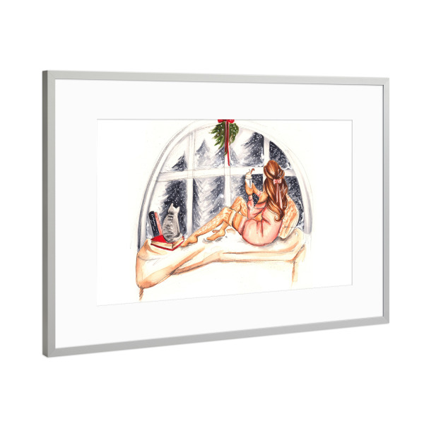 Poster mit Rahmen Silber "Winter Chilling" artboxONE - Fashion - Winter,Bookworm,Book,Book lover,Fashion,Girl,Fashion illustration
