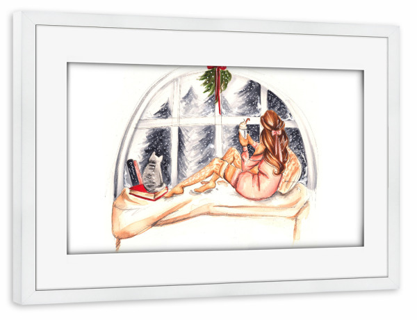 Poster mit Rahmen weiß "Winter Chilling" artboxONE - Fashion - Winter,Bookworm,Book,Book lover,Fashion,Girl,Fashion illustration