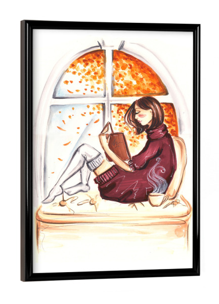Poster mit schwarzem Rahmen "Autumn Reading" artboxONE - Fashion - Bookworm,Book,Book lover,Fashion,Girl,Fashion illustration,Teen,Autumn