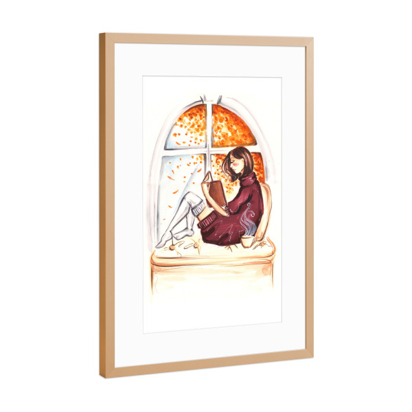 Poster mit Rahmen Kupfer "Autumn Reading" artboxONE - Fashion - Bookworm,Book,Book lover,Fashion,Girl,Fashion illustration,Teen,Autumn
