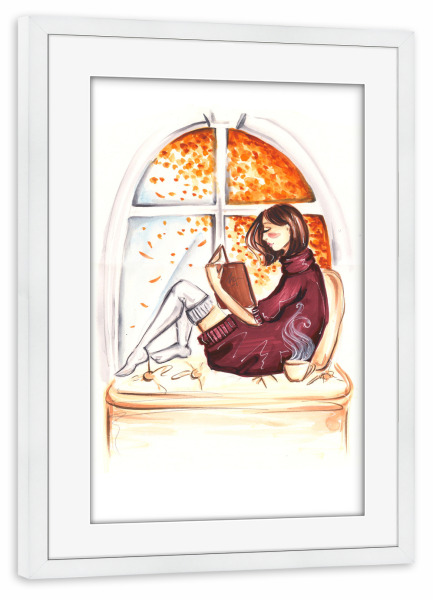 Poster mit Rahmen weiß "Autumn Reading" artboxONE - Fashion - Bookworm,Book,Book lover,Fashion,Girl,Fashion illustration,Teen,Autumn