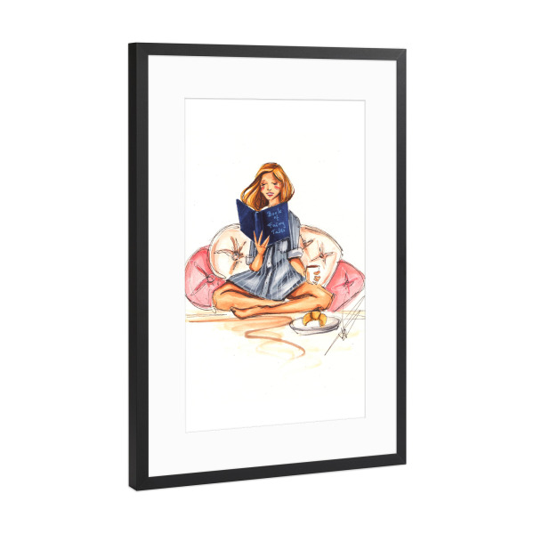 Poster mit Rahmen Schwarz (Metallic) "Sunday Reading" artboxONE - Fashion - Bookworm,Book,Booklover,Fashion,Fashion illustration,Girl,Teen