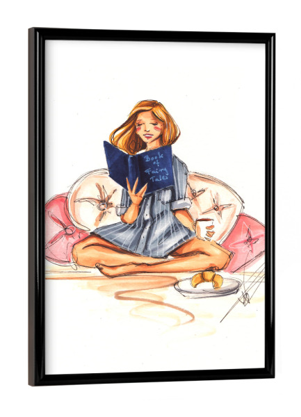 Poster mit schwarzem Rahmen "Sunday Reading" artboxONE - Fashion - Bookworm,Book,Booklover,Fashion,Fashion illustration,Girl,Teen