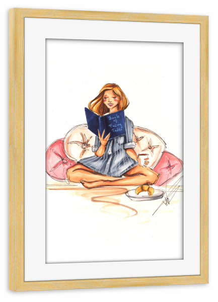 Poster mit Rahmen kiefer "Sunday Reading" artboxONE - Fashion - Bookworm,Book,Booklover,Fashion,Fashion illustration,Girl,Teen