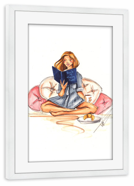 Poster mit Rahmen weiß "Sunday Reading" artboxONE - Fashion - Bookworm,Book,Booklover,Fashion,Fashion illustration,Girl,Teen