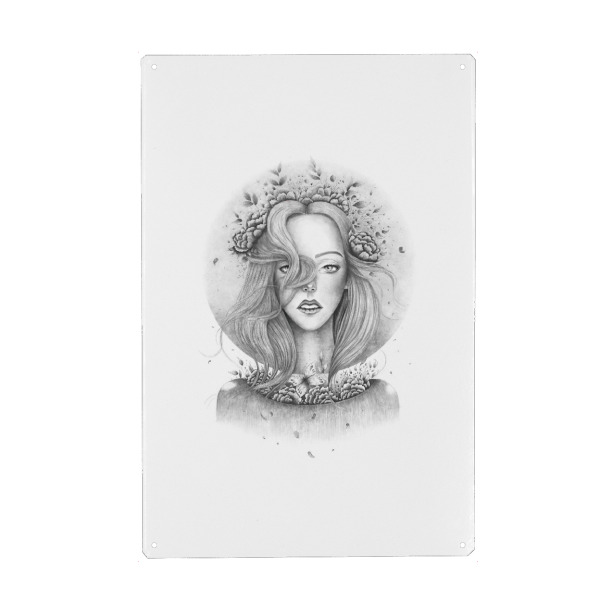 Metall Poster "Blooming girl" artboxONE - Floral,Schwarzweiß,Festivals - Spring,Floral,Flowers,Bohemian - Blechschild