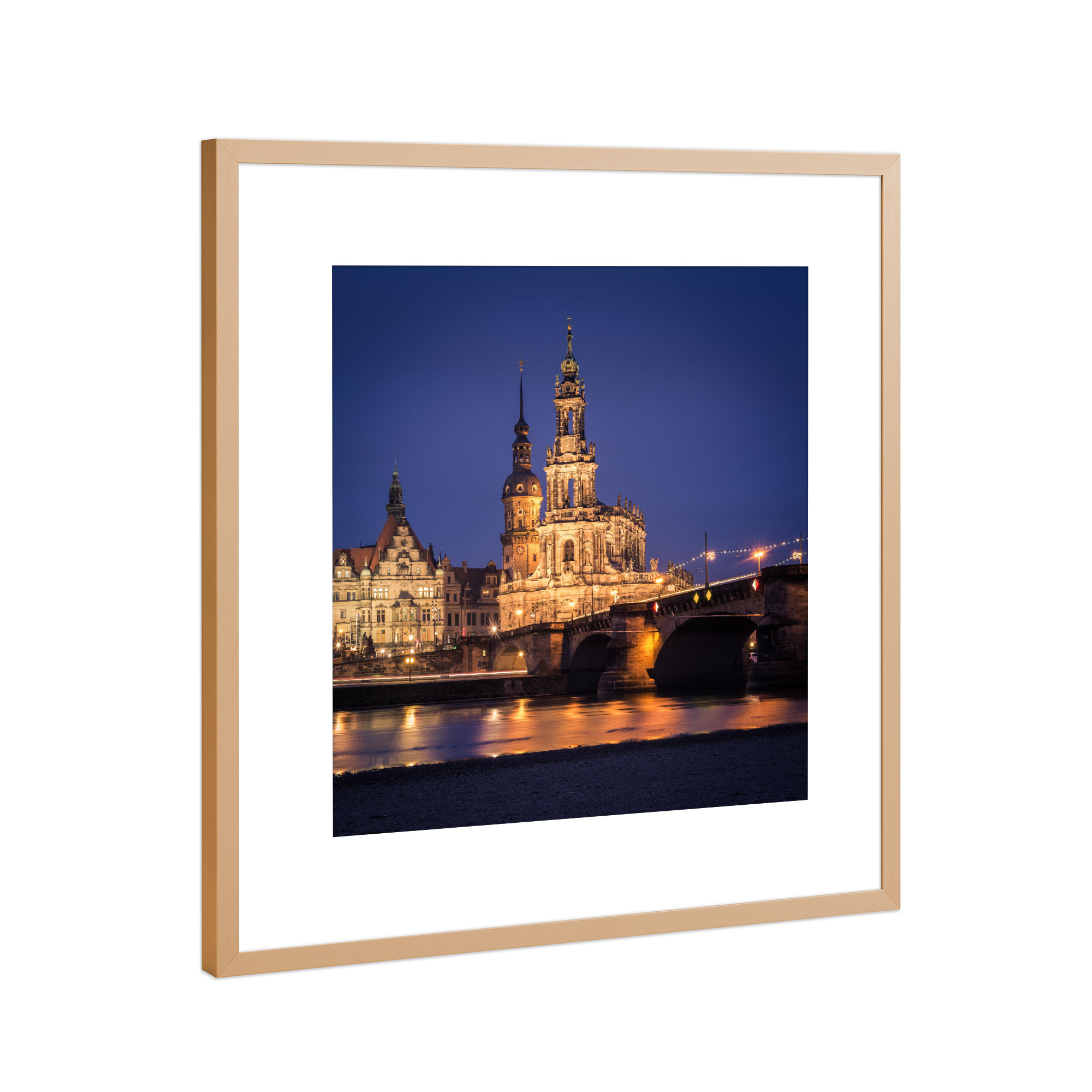 Poster mit Rahmen Kupfer "Barockkirche in Dresden" artboxONE - Städte / Dresden - Kirche,Elbe,Blaue stunde,Deutschland