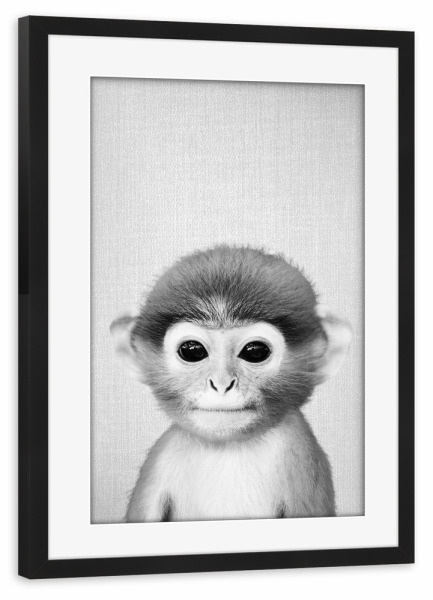 Poster mit Rahmen schwarz "Baby Monkey - Black & White" artboxONE - Für Kinder,Tiere,Schwarzweiß