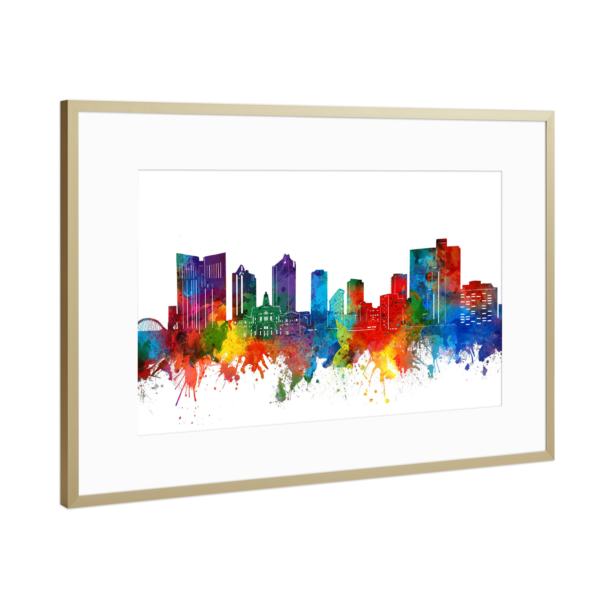 Poster mit Rahmen Gold "Fort worth skyline watercolor" artboxONE - Städte,Architektur
