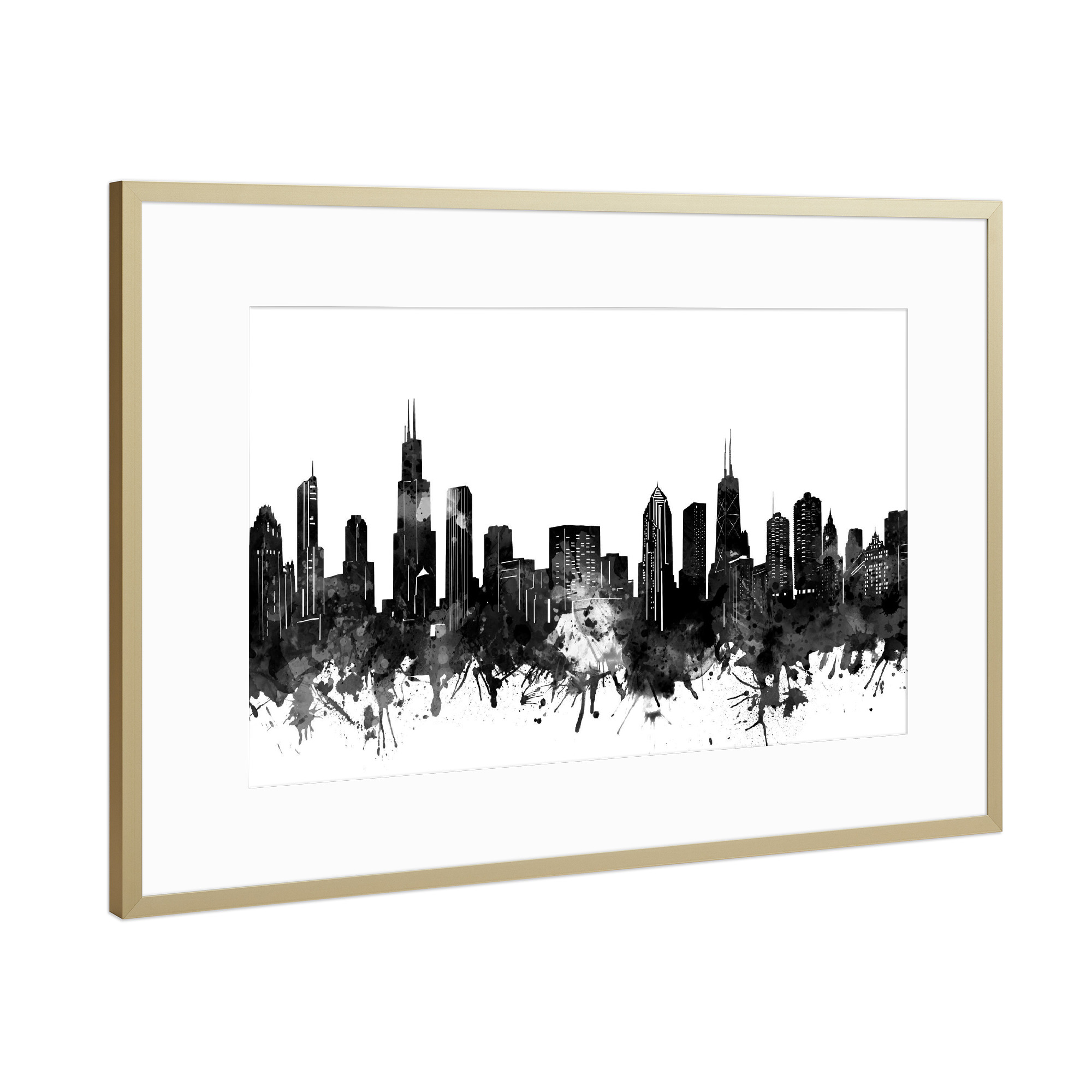 Poster mit Rahmen Gold "Chicago skyline black and white" artboxONE - Städte,Schwarzweiß,Städte / Chicago