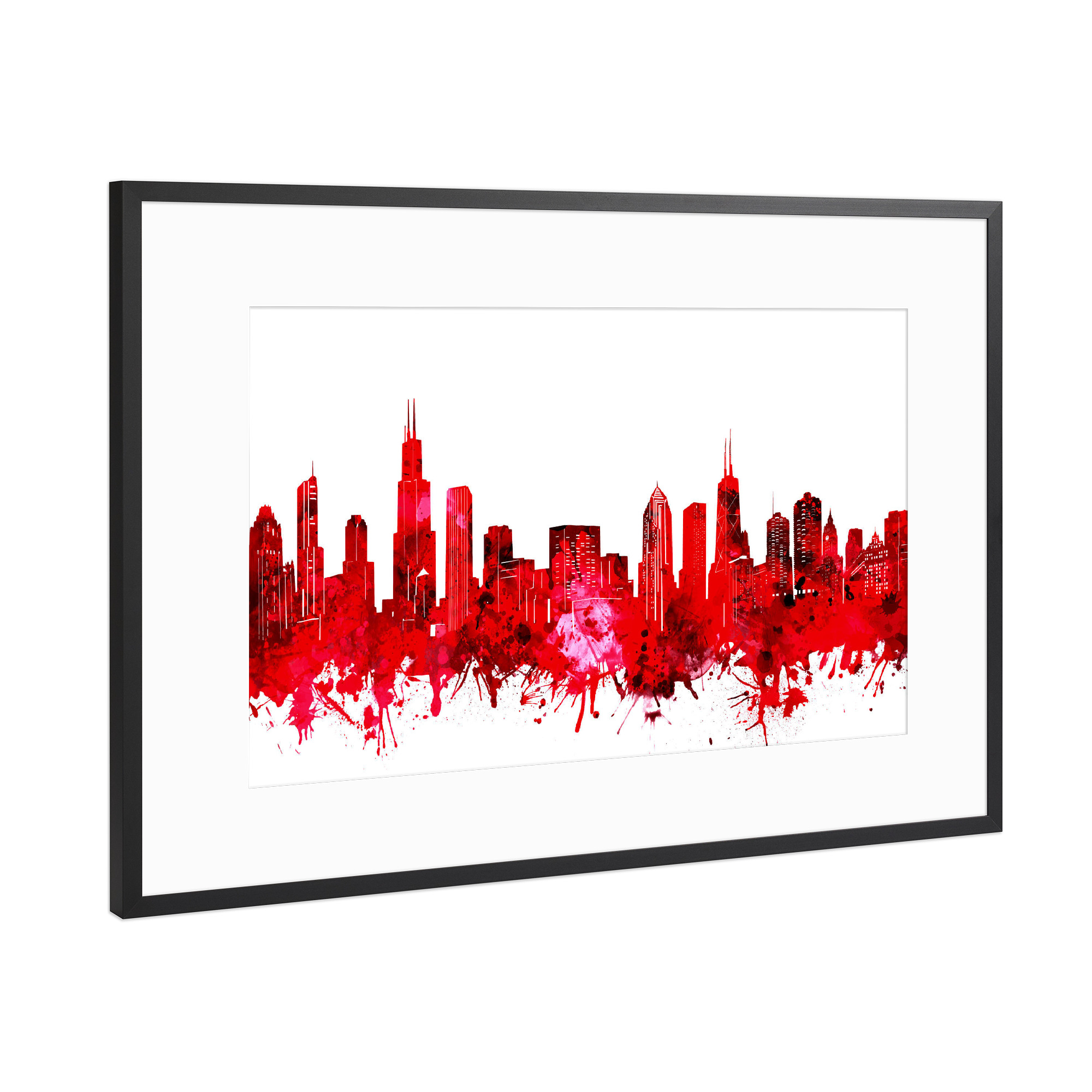 Poster mit Rahmen Schwarz (Metallic) "Chicago skyline watercolor red" artboxONE - Architektur,Städte / Chicago