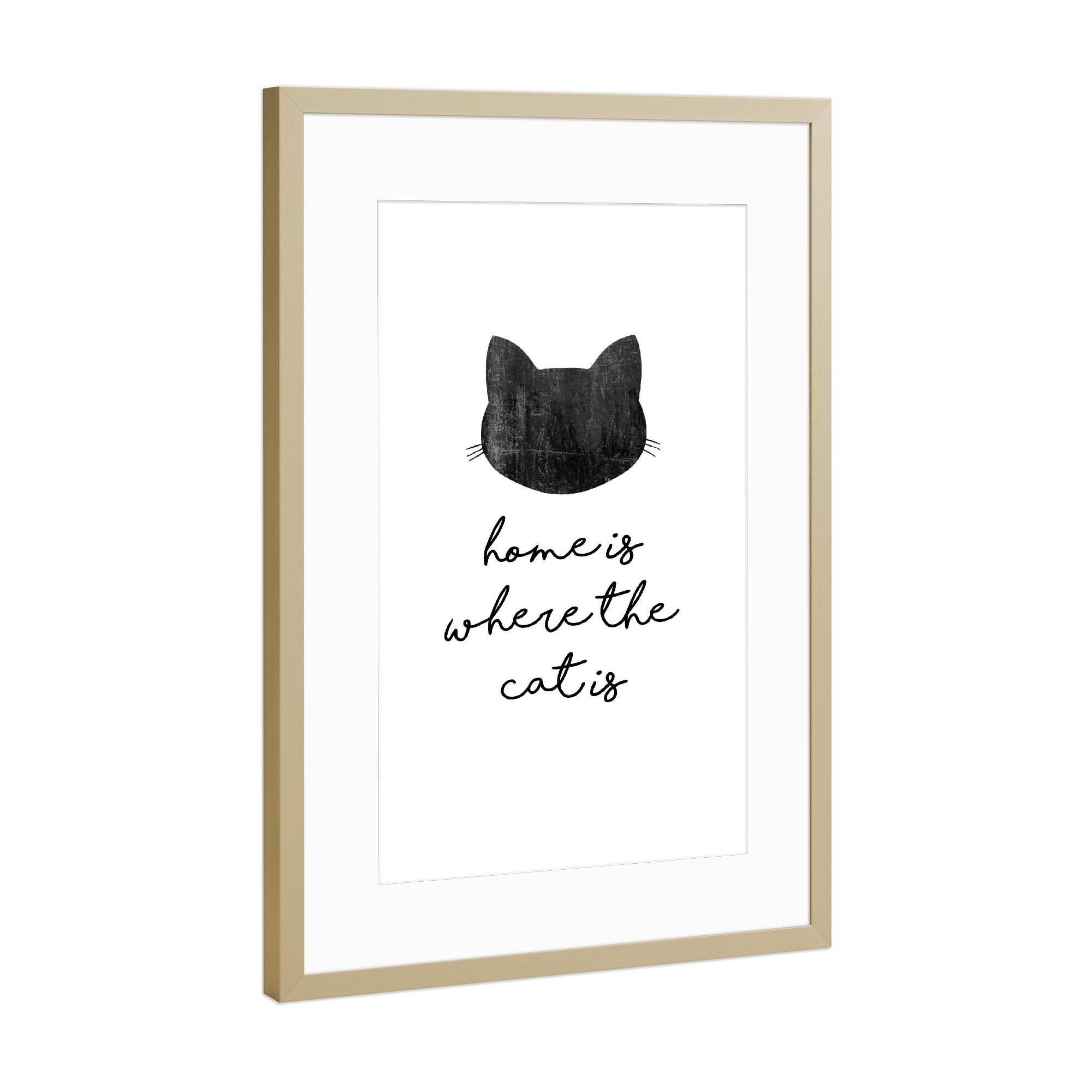 Poster mit Rahmen Gold "Home Is Where The Cat Is" artboxONE - Typografie,Tiere,Schwarzweiß