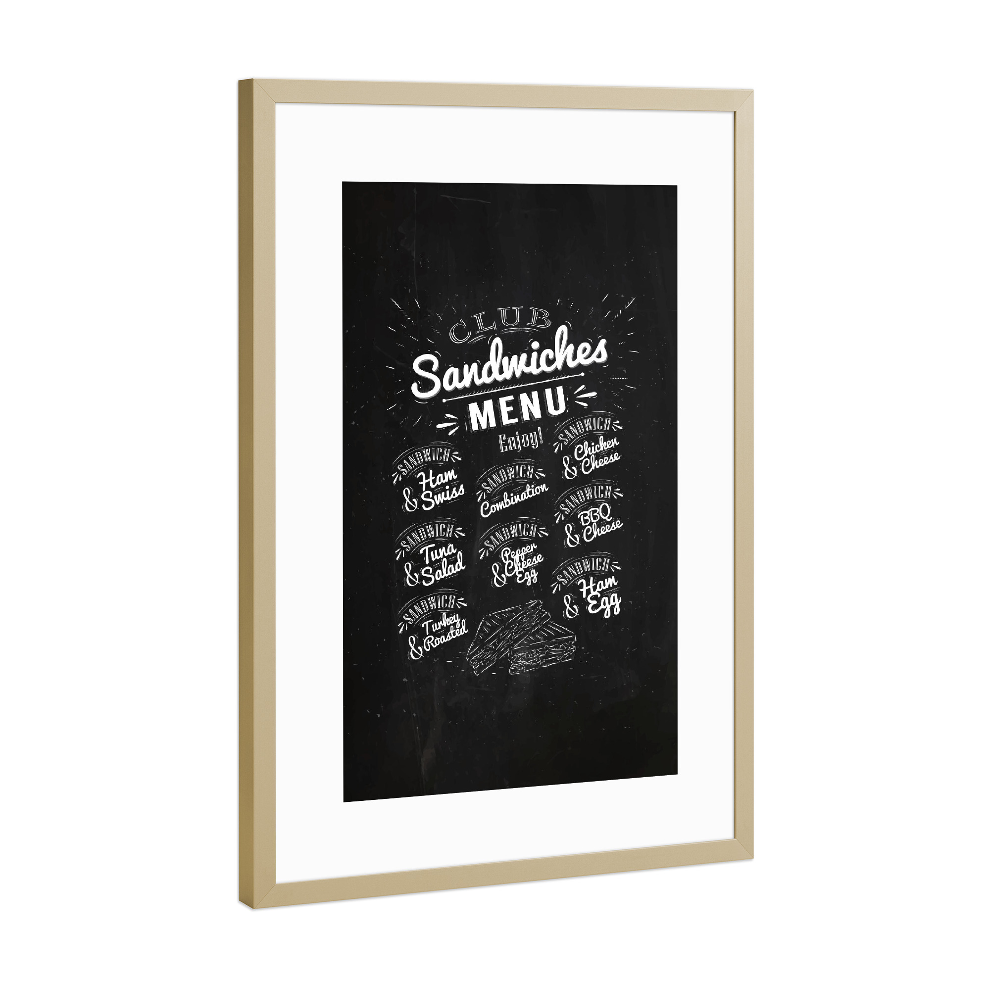 Poster mit Rahmen Gold "Types of sandwiches chalk" artboxONE - Essen & Trinken,Schwarzweiß