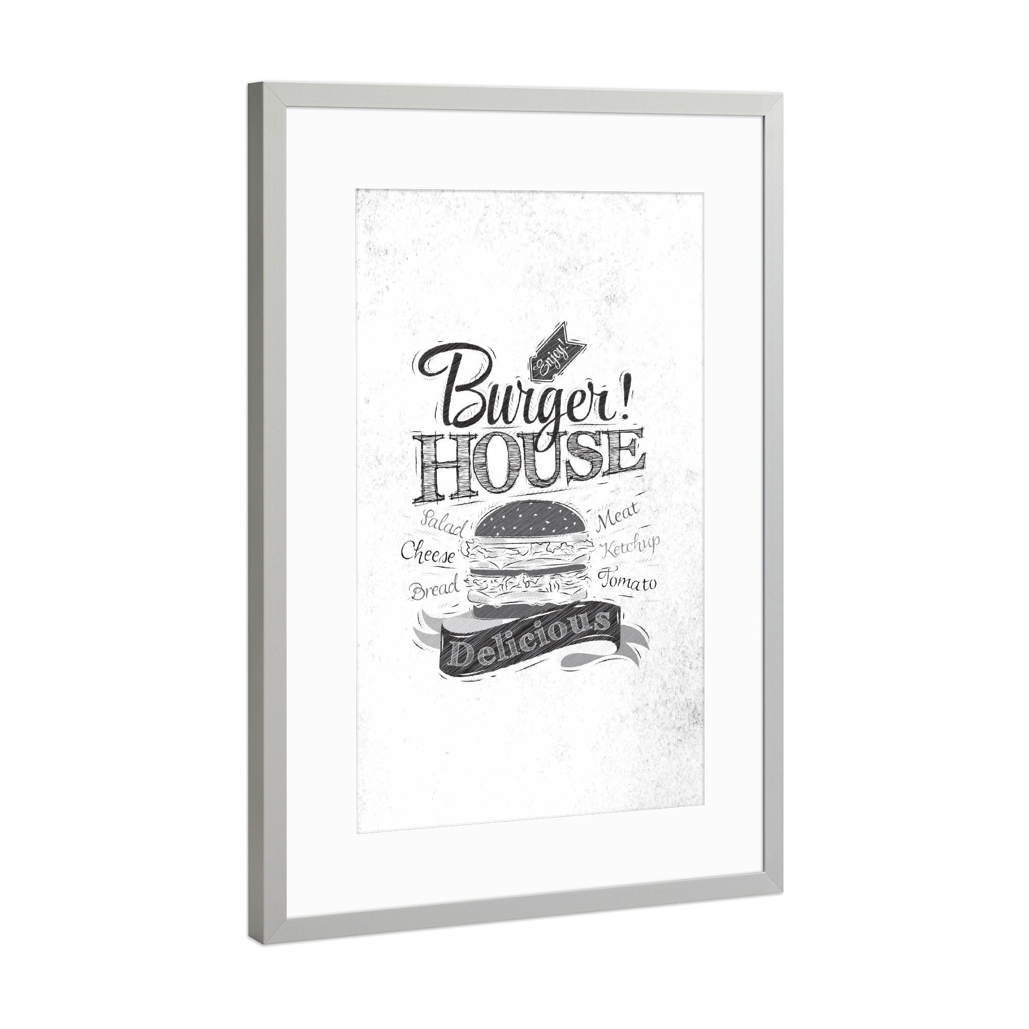 Poster mit Rahmen Silber "Burger house dirty paper" artboxONE - Essen & Trinken,Schwarzweiß