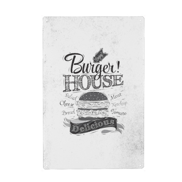 Holzbild "Burger house dirty paper" artboxONE - Essen & Trinken,Schwarzweiß - Beef,Burger,Cheese,Dirty,Fast,Food,Grunge,Hamburger,Old,Retro,Vintage