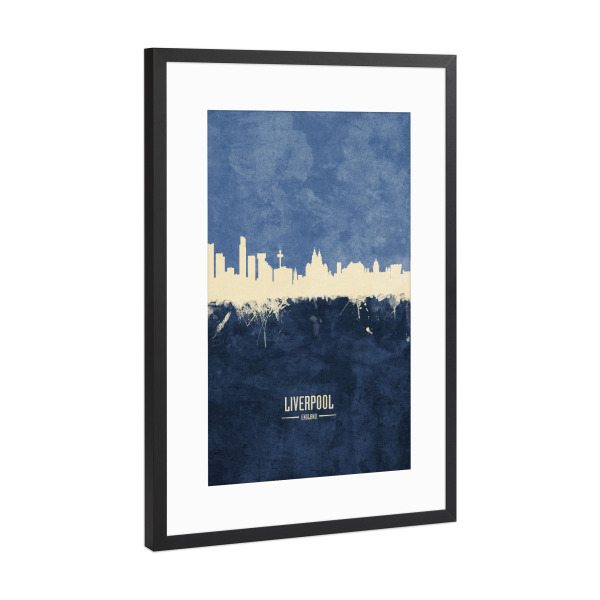 Poster mit Rahmen Schwarz (Metallic) "Liverpool Skyline Navy" artboxONE - Städte - Liverpool,England,Skyline,Cityscape,Painting,Watercolour,Stadtbild