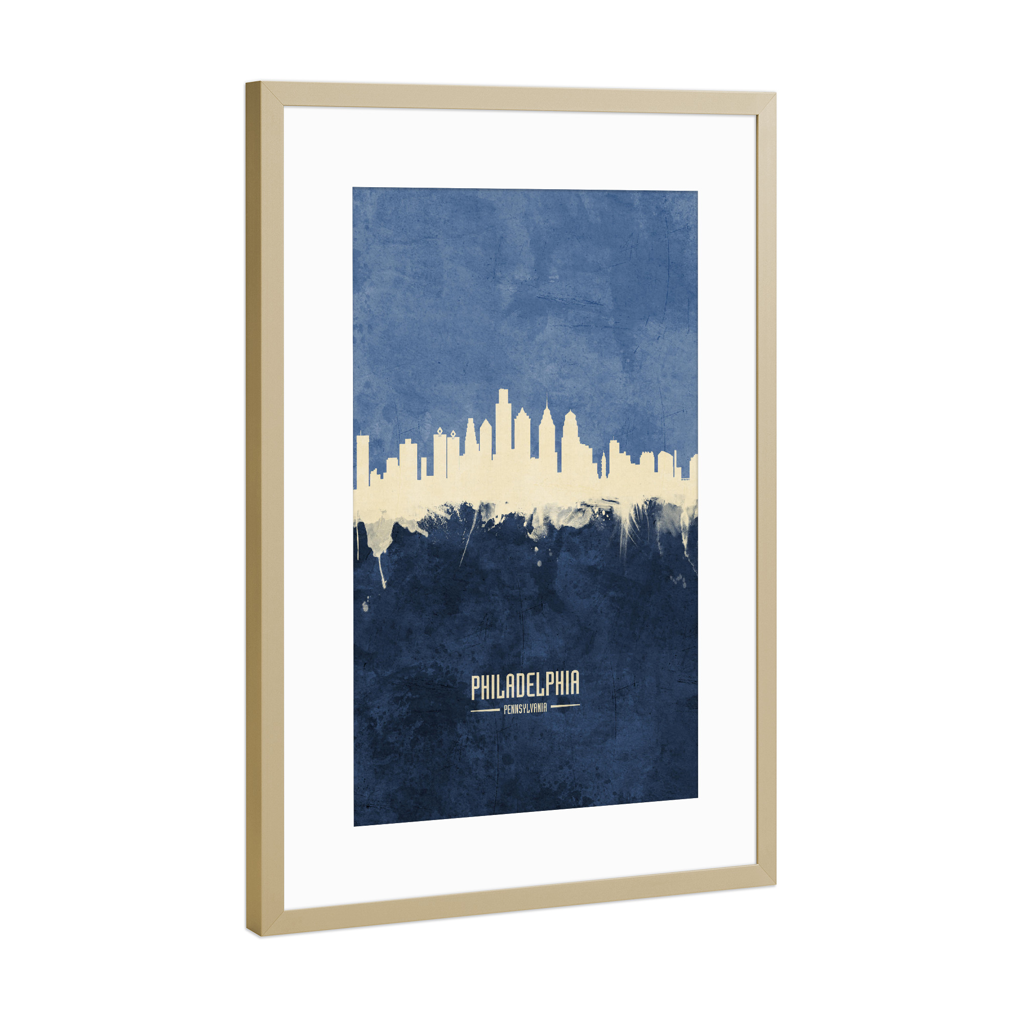 Poster mit Rahmen Gold "Philadelphia Skyline Navy" artboxONE - Städte - Philadelphia,Pennsylvania,Skyline,Cityscape,Painting,Watercolour,Stadtbild