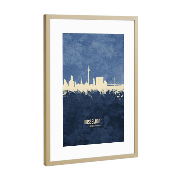 Poster mit Rahmen Gold "Düsseldorf Skyline Navy" artboxONE - Städte / Düsseldorf - Düsseldorf,Germany,Skyline,Cityscape,Painting,Watercolour,Stadtbild