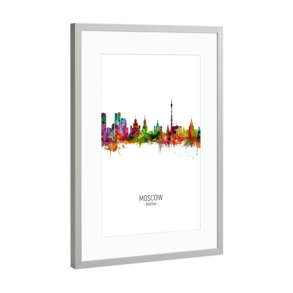 Poster mit Rahmen Silber "Moscow Skyline Portrait" artboxONE - Städte - Moscow,Russia,Skyline,Cityscape,Painting,Watercolour,Stadtbild