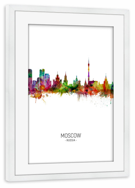 Poster mit Rahmen weiß "Moscow Skyline Portrait" artboxONE - Städte - Moscow,Russia,Skyline,Cityscape,Painting,Watercolour,Stadtbild