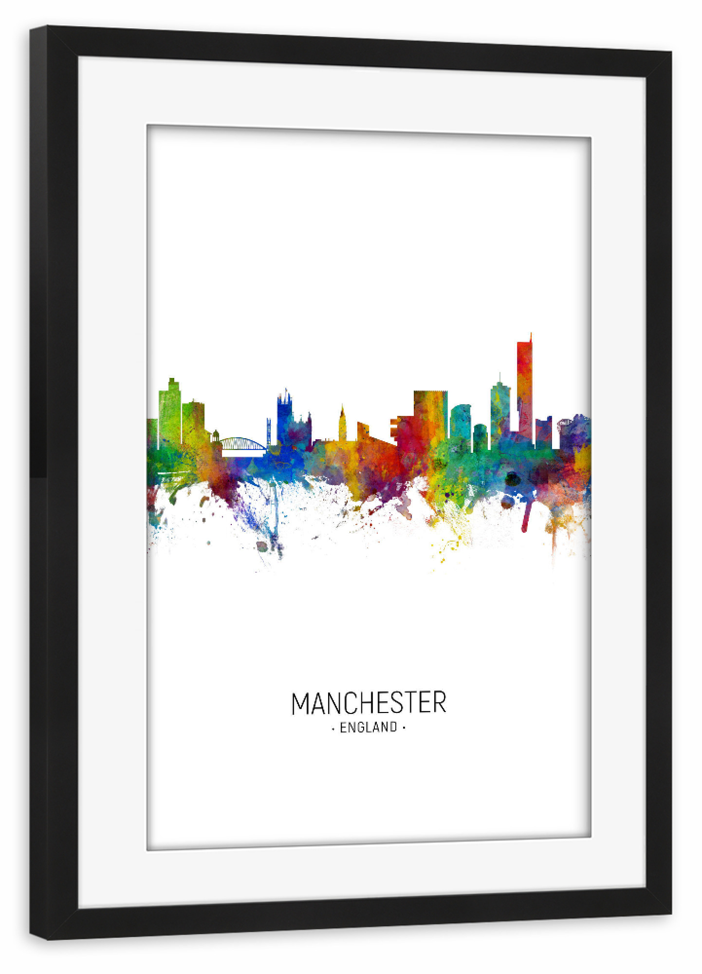 Poster mit Rahmen schwarz "Manchester Skyline Portrait" artboxONE - Städte - Manchester,England,Skyline,Cityscape,Painting,Watercolour,Stadtbild