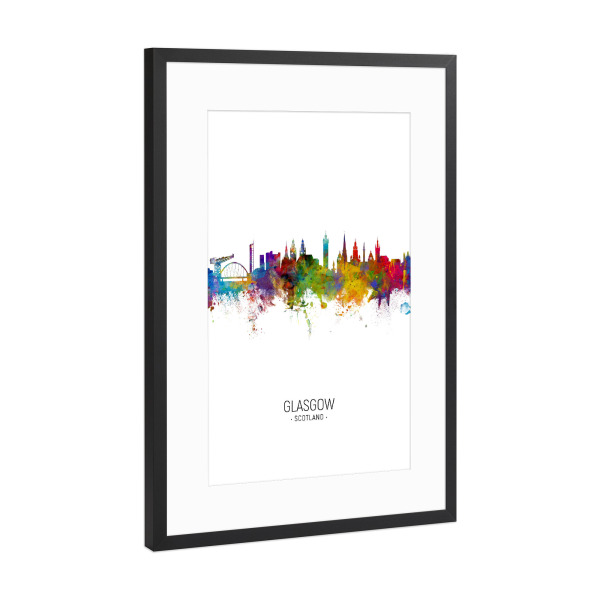 Poster mit Rahmen Schwarz (Metallic) "Glasgow Skyline Portrait" artboxONE - Städte - Glasgow,Scotland,Skyline,Cityscape,Painting,Watercolour,Stadtbild