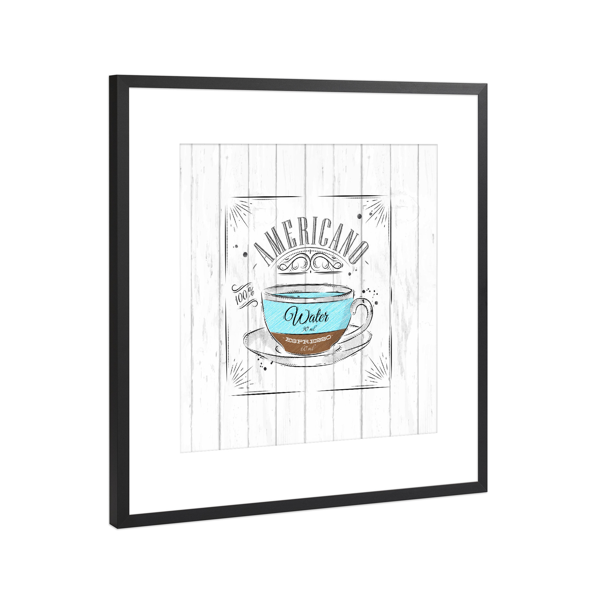 Poster mit Rahmen Schwarz (Metallic) "Coffee americano wood" artboxONE - Essen & Trinken