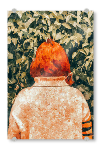 Acrylglasbild "Surprise Visit" artboxONE - Fashion - Portrait,Woman,Surprise,Scary,Fashion,Lifestyle,Concept,Nature,Hidden,Face,Hair,Leaves,Travel