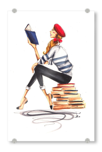 Acrylglasbild "Parisienne Bookworm" artboxONE - Fashion - Bookworm,Book,Book lover,Fashion,Fashion illustration,Girl