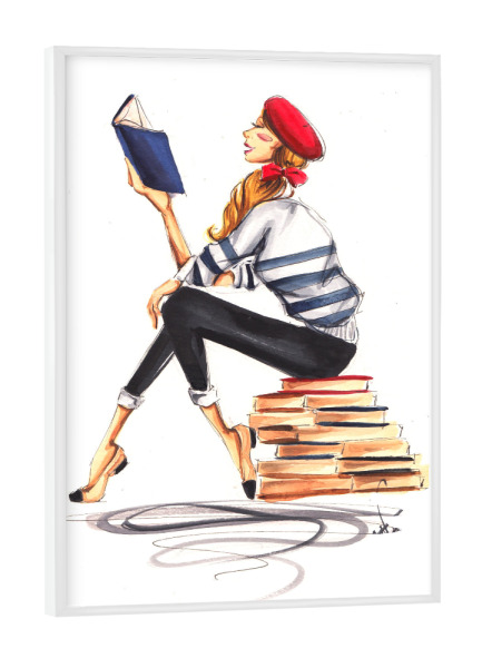 Poster mit weißem Rahmen "Parisienne Bookworm" artboxONE - Fashion - Bookworm,Book,Book lover,Fashion,Fashion illustration,Girl