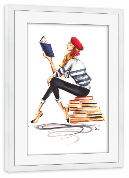 Poster mit Rahmen weiß "Parisienne Bookworm" artboxONE - Fashion - Bookworm,Book,Book lover,Fashion,Fashion illustration,Girl