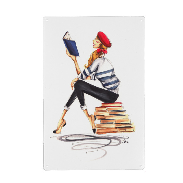 Holzbild "Parisienne Bookworm" artboxONE - Fashion - Bookworm,Book,Book lover,Fashion,Fashion illustration,Girl
