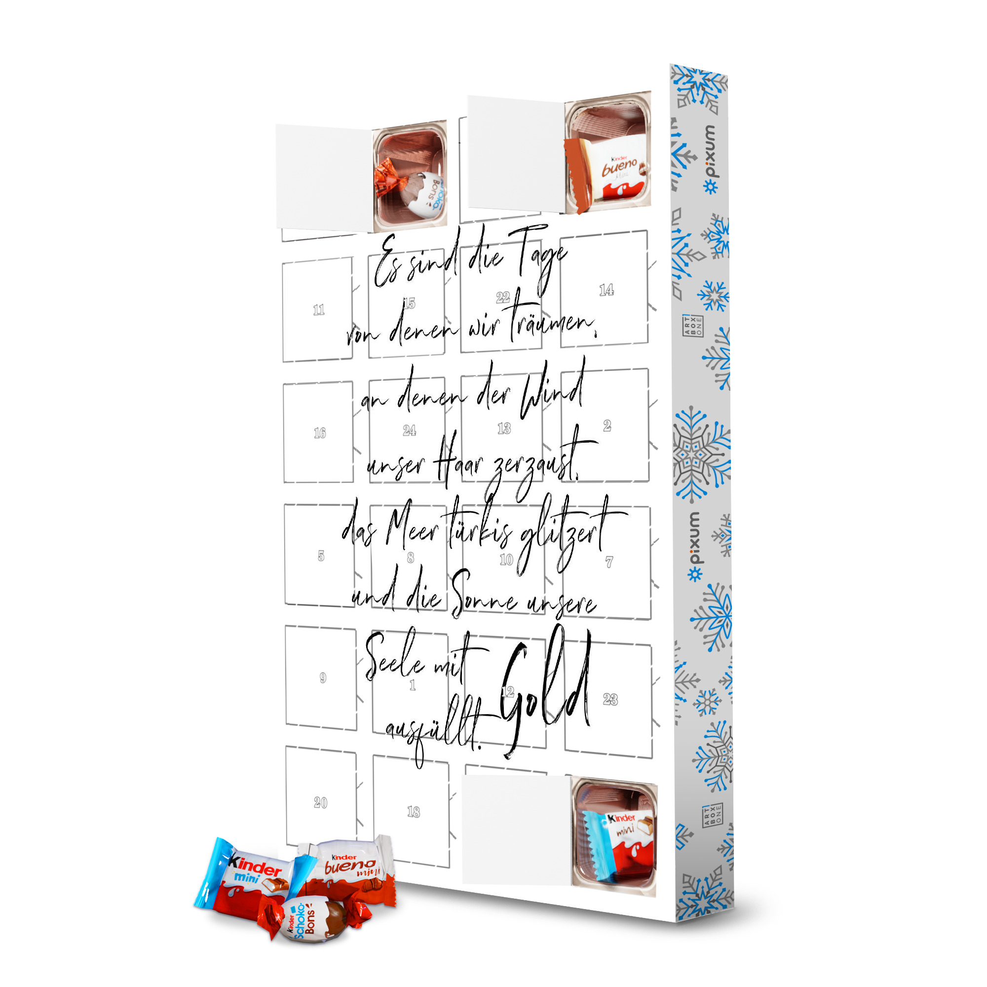 Adventskalender mit Produkten von Kinder Goldene Seele schlicht artboxONE Adventskalender Typografie