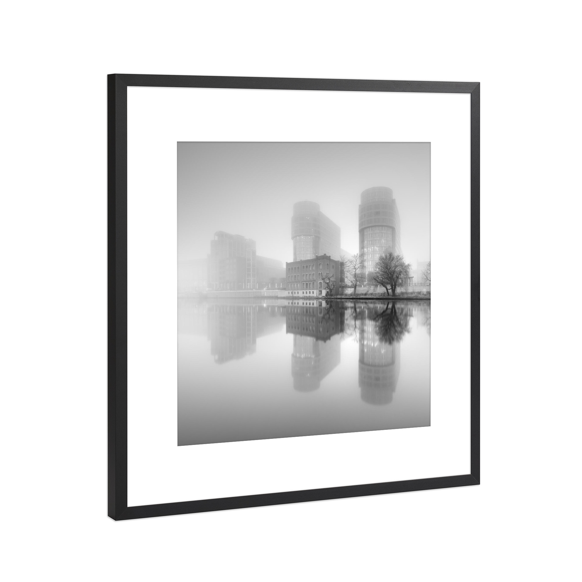 Poster mit Rahmen Schwarz (Metallic) "Spreebogen im Nebel Berlin" artboxONE - Städte,Städte / Berlin,Schwarzweiß,Architektur