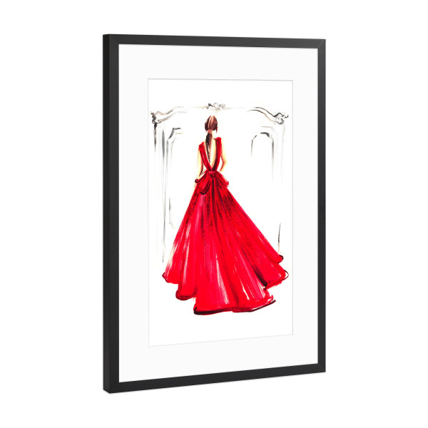 Poster mit Rahmen Schwarz (Metallic) "Elegant Woman in Red Gown" artboxONE - Fashion - Fashion,Gown,Fashion illustration,Dress,Fashion sketch,Woman