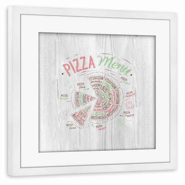 Poster mit Rahmen weiß "Pizza menu wood" artboxONE - Essen & Trinken