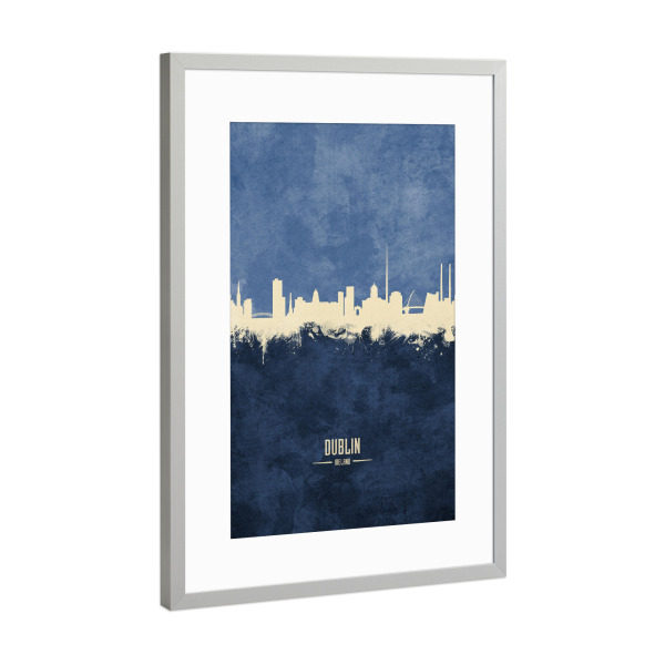 Poster mit Rahmen Silber "Dublin Skyline Navy" artboxONE - Städte - Dublin,Ireland,Skyline,Cityscape,Painting,Watercolour,Stadtbild