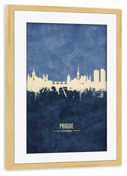 Poster mit Rahmen kiefer "Prague Skyline Navy" artboxONE - Städte / Prag - Prague,Czech republic,Skyline,Cityscape,Painting,Watercolour,Stadtbild