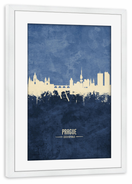 Poster mit Rahmen weiß "Prague Skyline Navy" artboxONE - Städte / Prag - Prague,Czech republic,Skyline,Cityscape,Painting,Watercolour,Stadtbild