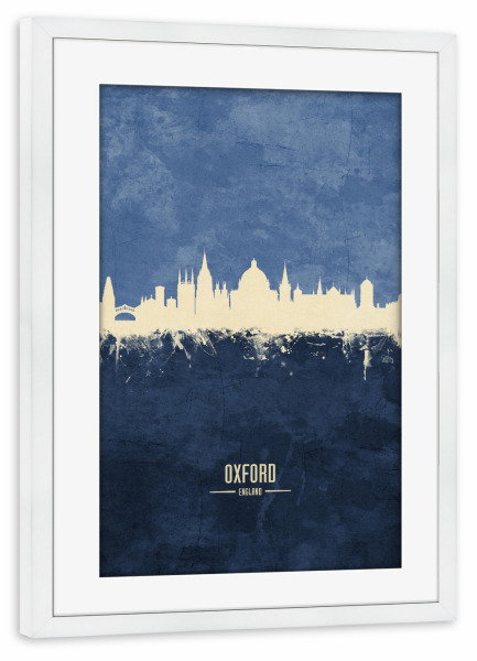 Poster mit Rahmen weiß "Oxford Skyline Navy" artboxONE - Städte - Oxford,England,Skyline,Cityscape,Painting,Watercolour,Stadtbild