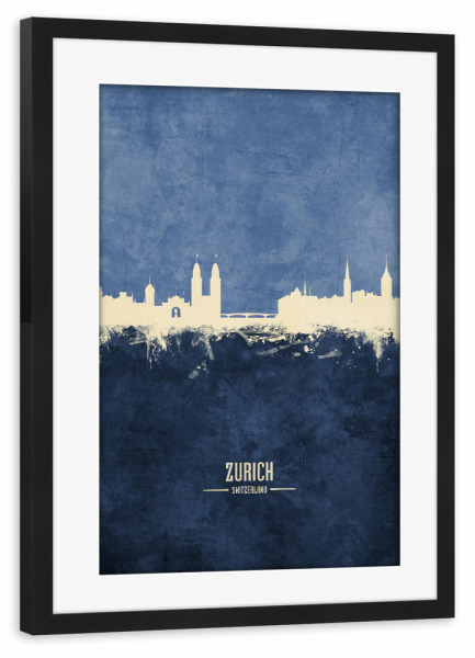 Poster mit Rahmen schwarz "Zurich Skyline Navy" artboxONE - Städte / Zürich - Zurich,Switzerland,Skyline,Cityscape,Painting,Watercolour,Stadtbild
