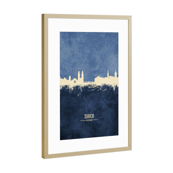 Poster mit Rahmen Gold "Zurich Skyline Navy" artboxONE - Städte / Zürich - Zurich,Switzerland,Skyline,Cityscape,Painting,Watercolour,Stadtbild