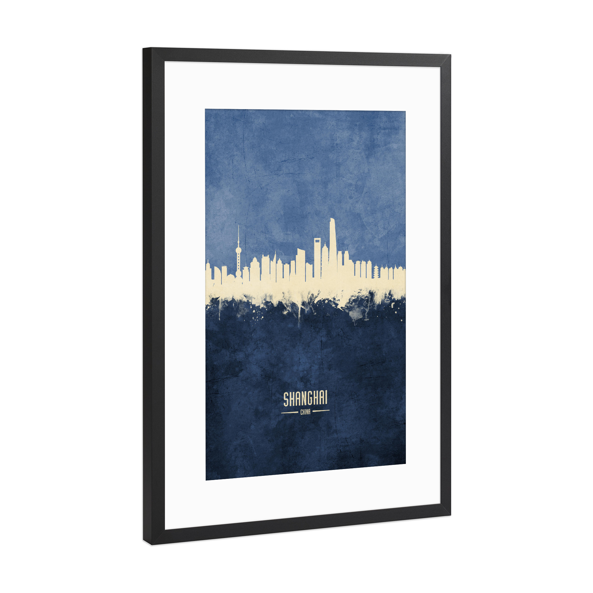 Poster mit Rahmen Schwarz (Metallic) "Shanghai Skyline Navy" artboxONE - Städte / Shanghai