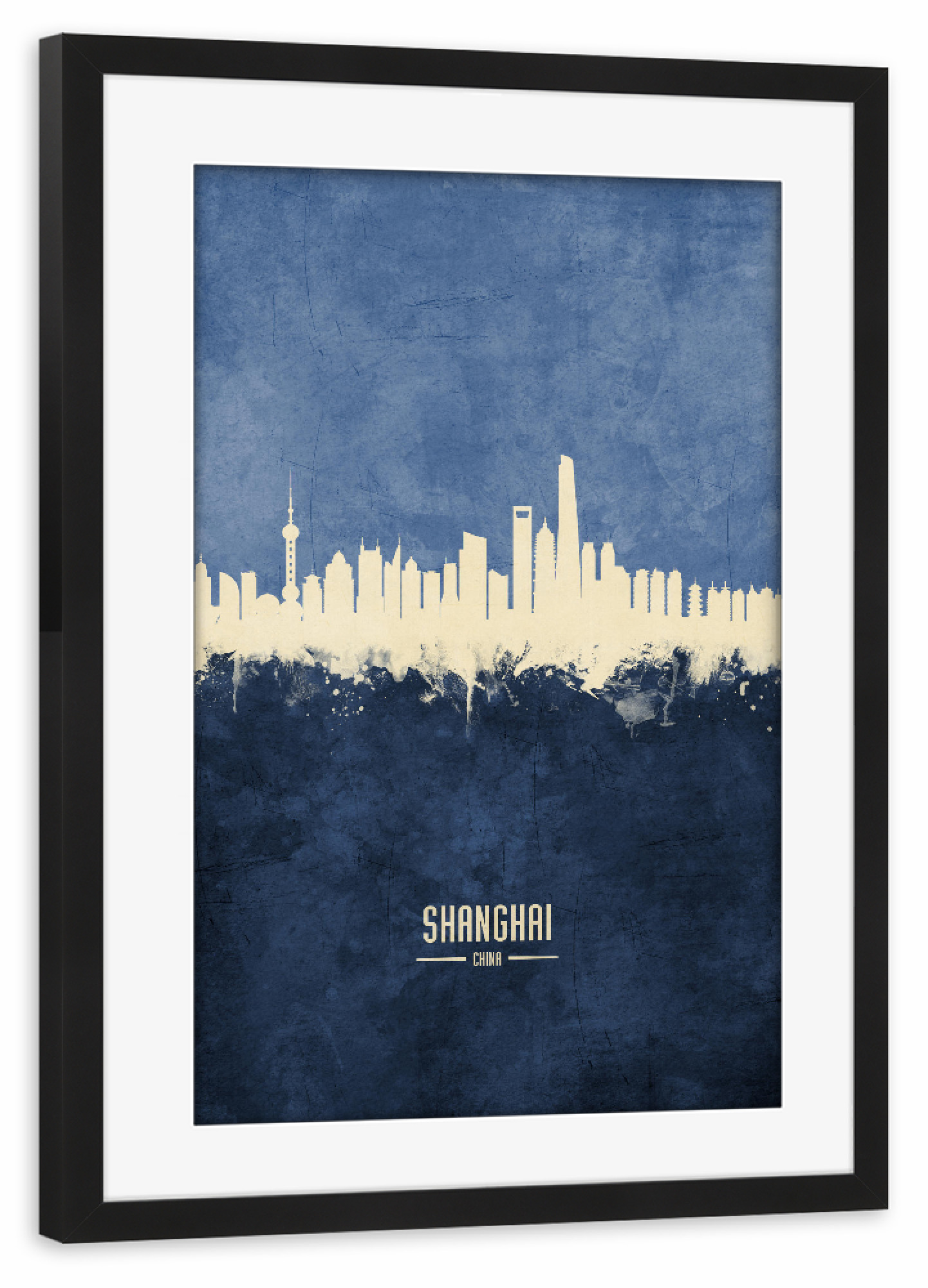 Poster mit Rahmen schwarz "Shanghai Skyline Navy" artboxONE - Städte / Shanghai - Shanghai,China,Skyline,Cityscape,Painting,Watercolour,Stadtbild