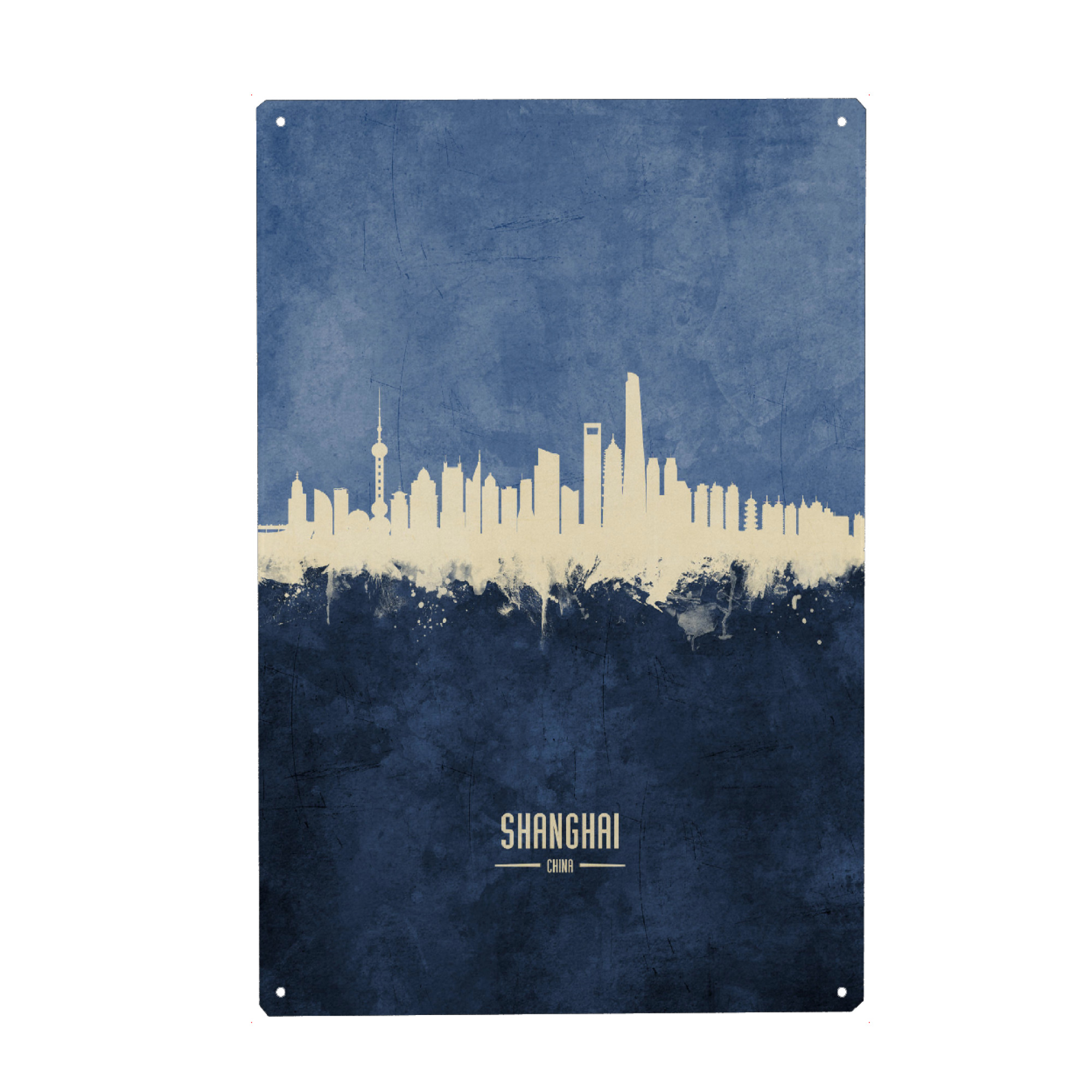 Metall Poster "Shanghai Skyline Navy" artboxONE - Städte / Shanghai - Shanghai,China,Skyline,Cityscape,Painting,Watercolour,Stadtbild - Blechschild