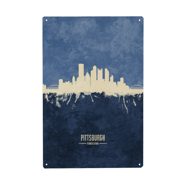 Holzbild "Pittsburgh Skyline Navy" artboxONE - Städte - Pittsburgh,Pennsylvania,Skyline,Cityscape,Painting,Watercolour,Stadtbild