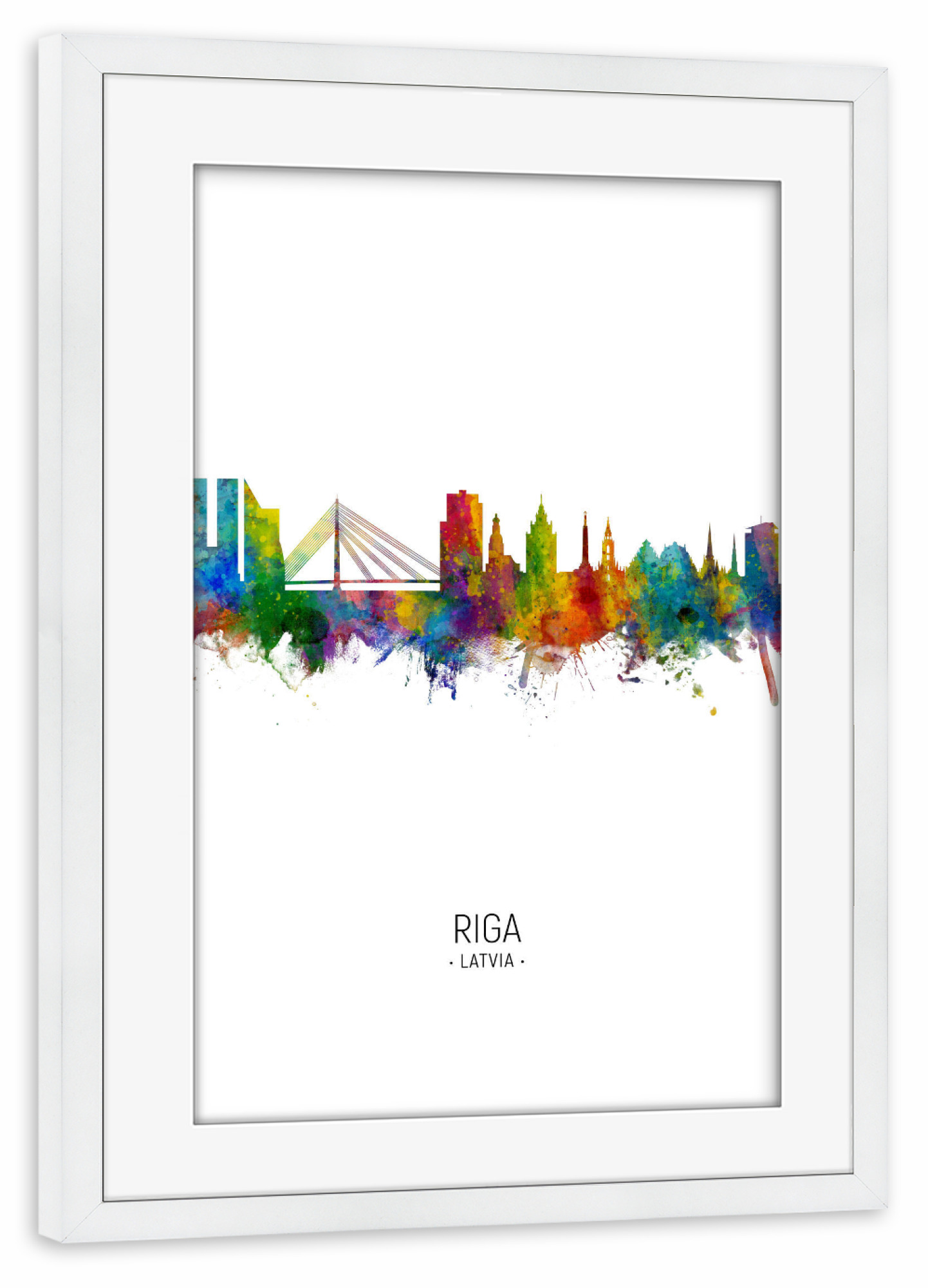 Poster mit Rahmen weiß "Riga Skyline Portrait" artboxONE - Städte - Riga,Latvia,Skyline,Cityscape,Painting,Watercolour,Stadtbild