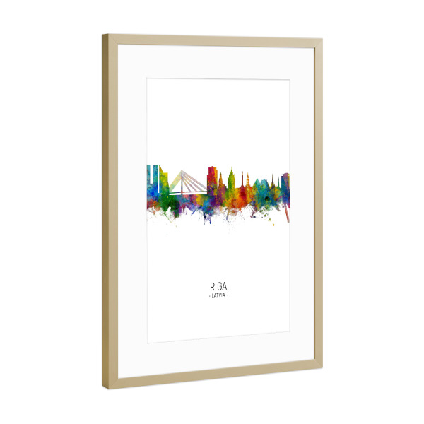 Poster mit Rahmen Gold "Riga Skyline Portrait" artboxONE - Städte - Riga,Latvia,Skyline,Cityscape,Painting,Watercolour,Stadtbild
